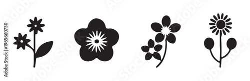Assorted minimalist flower icons with stems and leaves vector silhouettes for graphic design