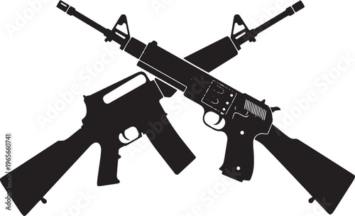 Black silhouette of rifle and handgun crossed over each other forming an x shape guns firearms