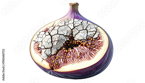 Cross-section of a ripe, purple fig, with intricate inner texture and light cracks