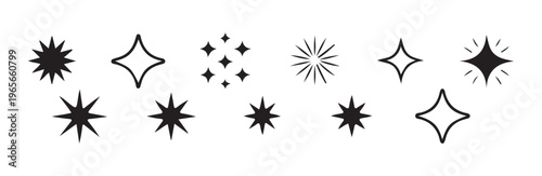 Set of black star icons, different sparkling elements, simple vector illustrations