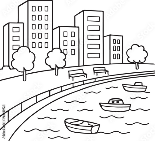 Riverside Coloring Fan. City embankment scene children's coloring book illustration, outlined drawing, simple tall buidings behind a curved railing beside. 