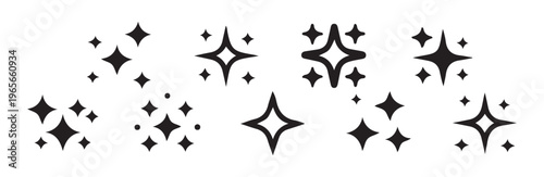 Magic sparkles cluster icons vector flat black stars decoration set for festive ornaments