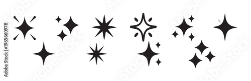 Twinkling star icons and sparkle flares vector set isolated on plain white background art