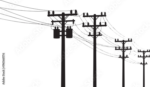 Silhouette of four utility poles with power lines and insulators on white background black