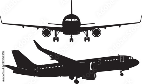 Silhouettes of two airplanes in different views aircraft transportation