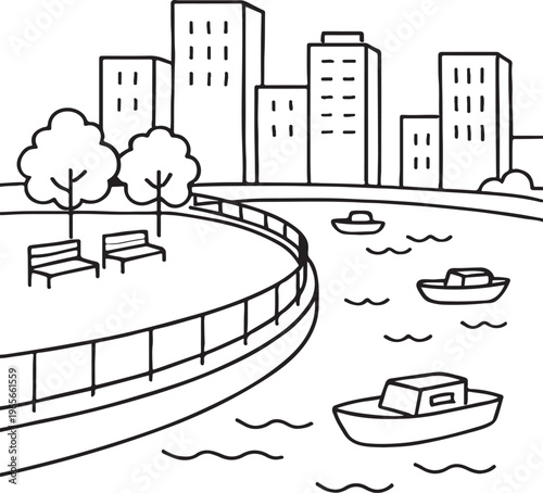 Riverside Coloring Fan. City embankment scene children's coloring book illustration, outlined drawing, simple tall buidings behind a curved railing beside. 