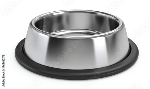 A close-up view presents a metallic pet bowl with a black, rubbery base. The bowl is empty. The focus is clear