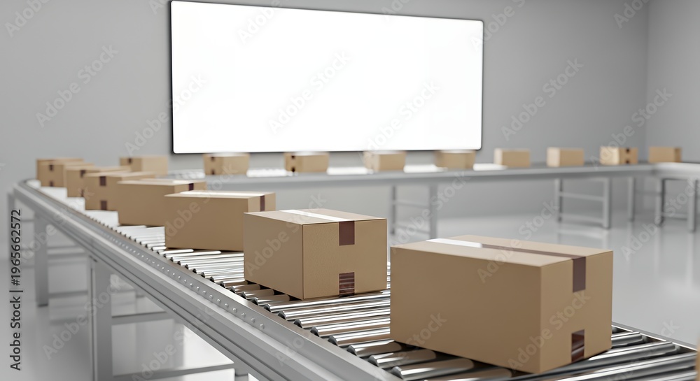 Fototapeta premium Cardboard boxes on conveyor belt in modern warehouse setting