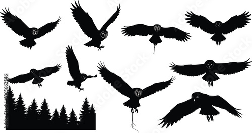 “Silhouette vector illustration of flying and landing owls with forest background, wildlife birds in motion, nocturnal animals, barn owl shapes”
