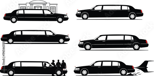 “Vector limousine car silhouettes set with luxury transport, creative variations, jet engine design, business, wedding, VIP service illustration”