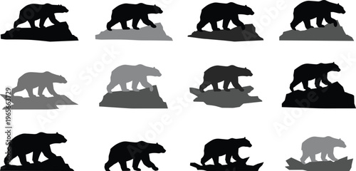 “Wild bear silhouettes walking on diverse terrains in minimalist vector style, animal wildlife illustration set for nature, adventure, and design”