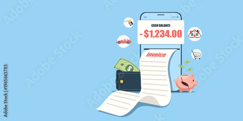 A smartphone displays a negative cash balance of -$1,234.00 with a long invoice, a broken piggy bank, and icons for car, fuel, housing, and shopping expenses on a blue background.