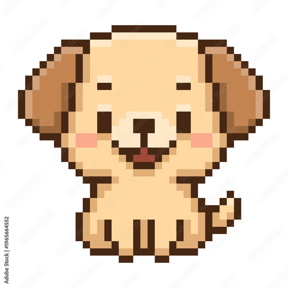 Obraz premium Cute 8-bit pixel art puppy character sprite, featuring a cheerful golden and brown color palette and a happy expression with tongue out. An ideal asset for retro pet-themed project