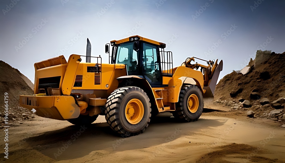 Fototapeta premium A large, yellow construction machine with a scoop sits on a sandy ground near a pile of rocks and earth, under a hazy sky