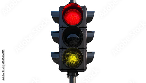 A close-up of a traffic signal with red lit, middle off, and yellow lit against black