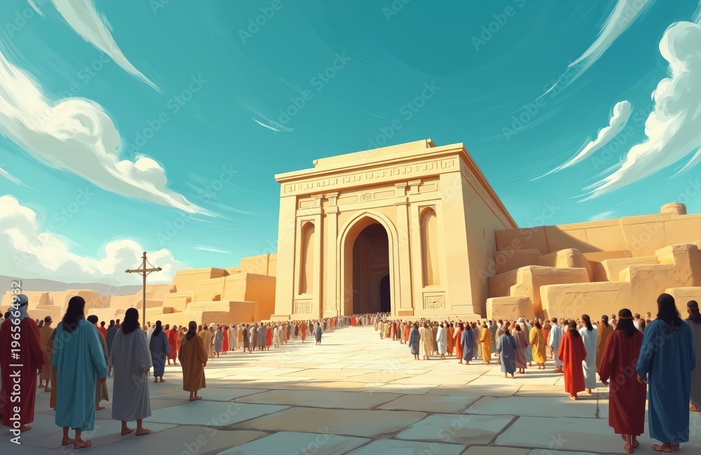 Obraz premium Abstract illustration of ancient Jerusalem, people gather at Temple of Solomon. Symbol of faith, worship and sacred history in old testament times. Religious pilgrimage gathering.