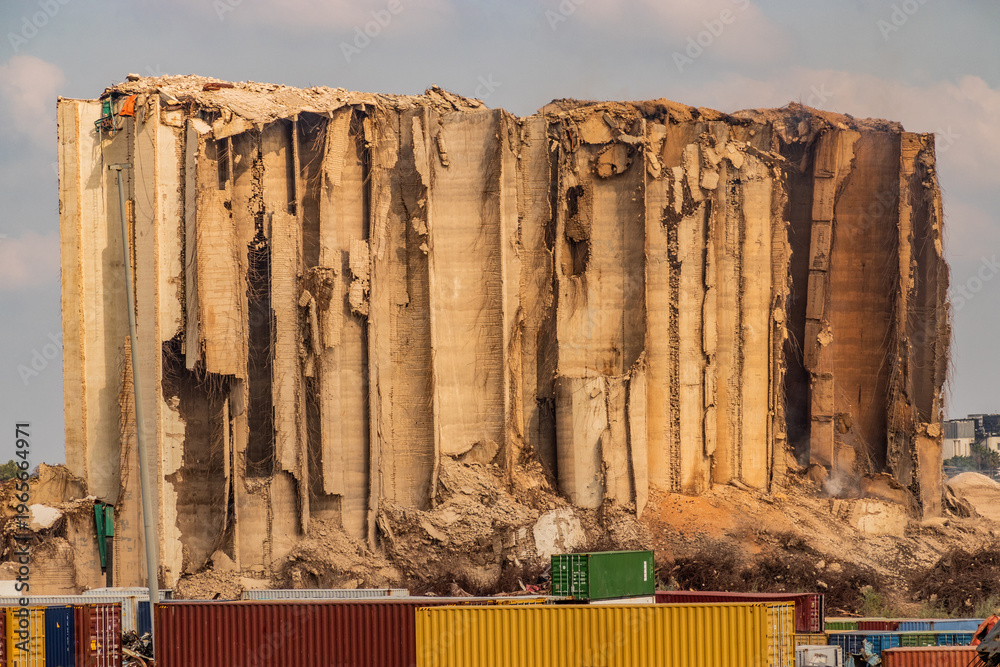 Obraz premium Damaged Beirut port grain silos, Lebanon