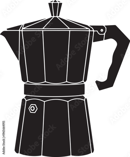 Black silhouette of classic stovetop espresso maker with white outline on white background coffee maker