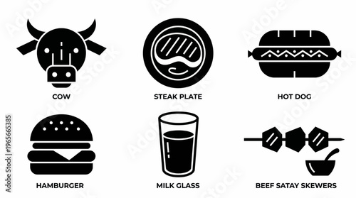 Diverse culinary vector icons featuring popular meat dishes, fast food, and dairy products for menus, apps, and food-related graphic design projects