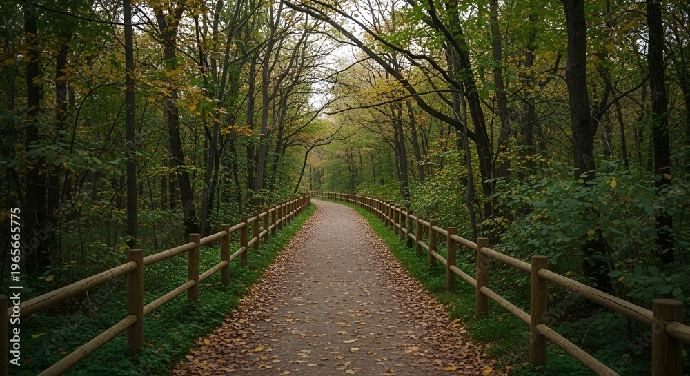 Obraz premium A serene forest path with a wooden fence on a sunny day