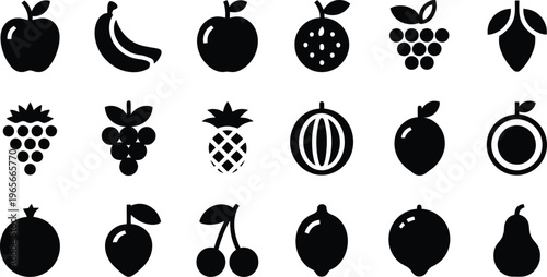 Black and white icons of various fruits and berries in simple line art style