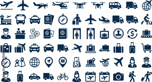 Comprehensive icon set depicting various aspects of travel and transportation