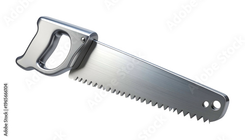 A chrome hand saw with a contoured handle and sharp teeth, on a black background