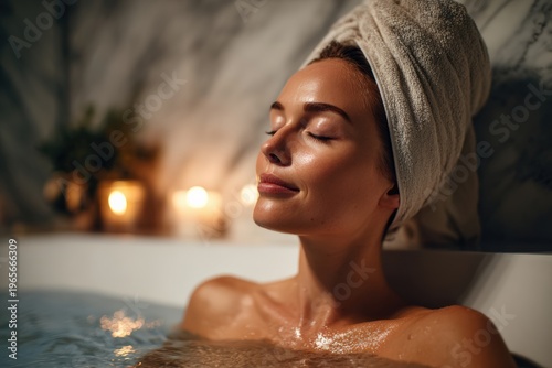 Woman relaxing in spa with towel and candlelight