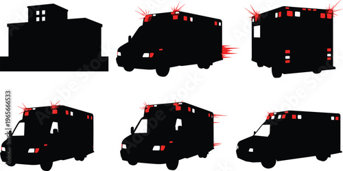 Ambulance accident damage analysis vector illustration with impact marks, emergency vehicle silhouettes, crash assessment, safety study, transportation risk evaluation design