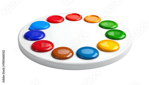 Circular artist's palette with twelve vibrant paint colors, slightly glossy, on a white surface