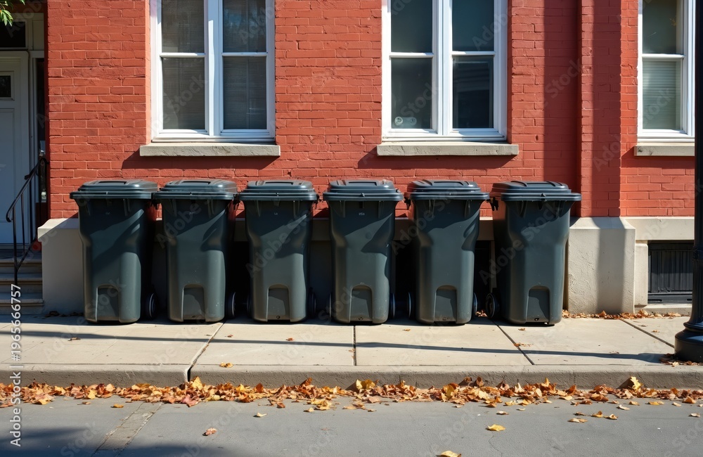 Obraz premium Several dark grey wheeled bins line up on sidewalk against red brick building. Fallen autumn leaves scattered on ground in front of bins. Scene suggests urban waste management, seasonal changes.