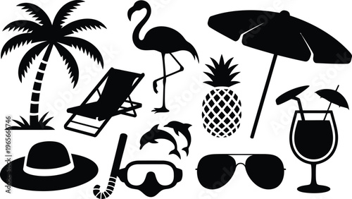 Vibrant icons representing a tropical beach vacation and relaxation elements