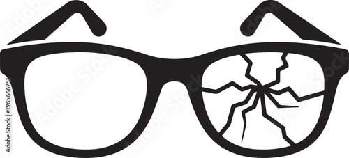 Black glasses with one cracked lens on white background spectacles eyeglasses broken glass