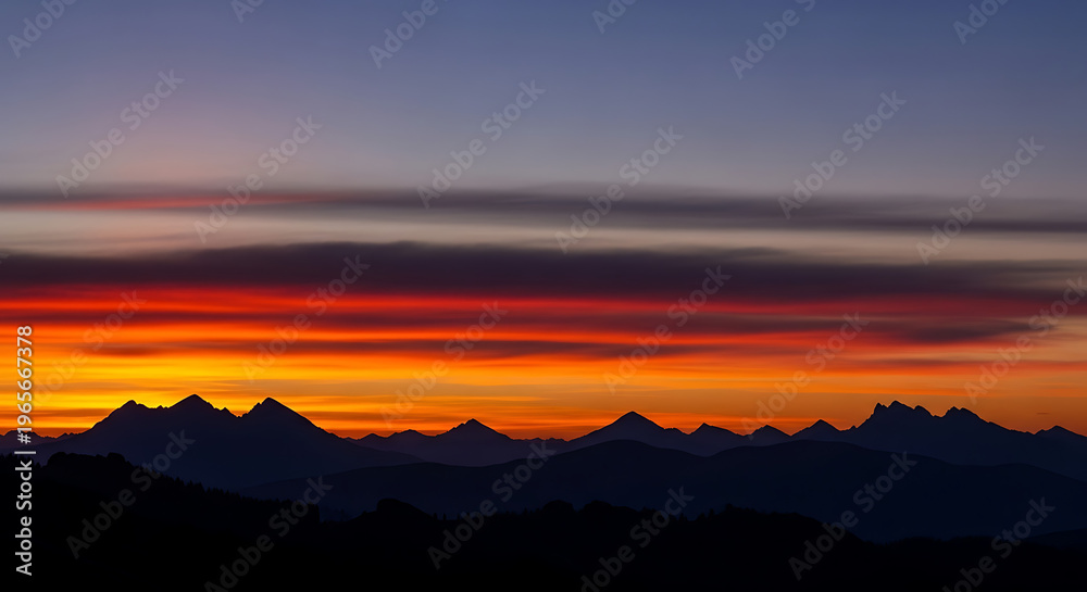 Fototapeta premium Vibrant Sunset Over Mountain Silhouettes with Dramatic Color Gradient Sky