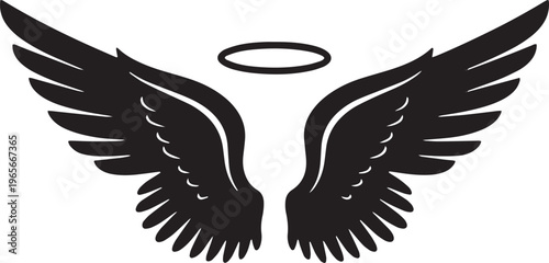 Black silhouette of angel wings with halo on white background
