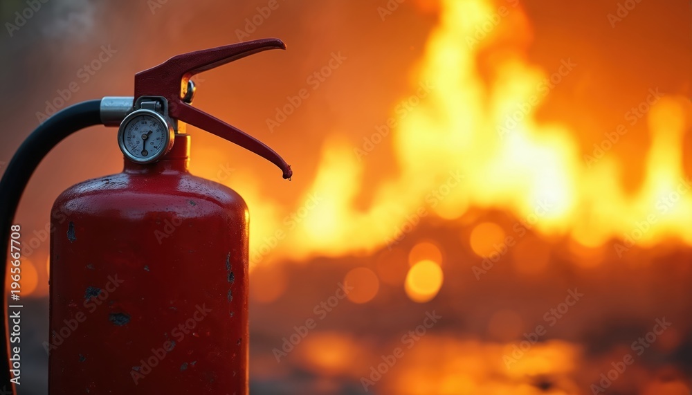 Obraz premium Red fire extinguisher waits near bright active flames and thick smoke. Safety device stands ready for emergency. Fire fighting equipment is crucial for hazard control and protection.
