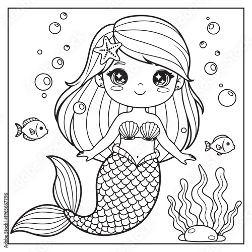 Charming mermaid illustration with bubbles fish and seaweed in a coloring page style