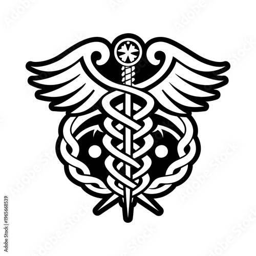 A filled style icon of caduceus hermes symbol