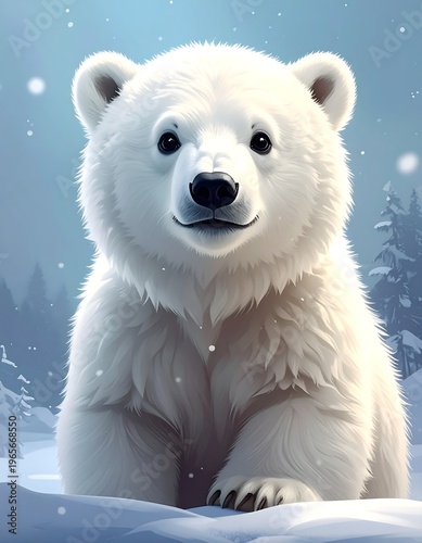 A fluffy, adorable polar bear cub sits in a snowy environment. The bear's white fur contrasts with the winter landscape, snowflakes gently falling