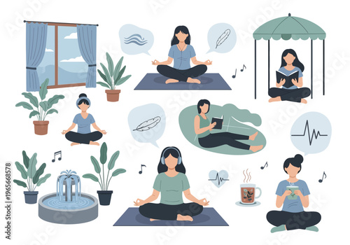 Woman meditating in various yoga poses.