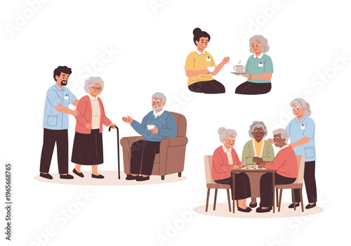 Elderly people socializing with helpers.