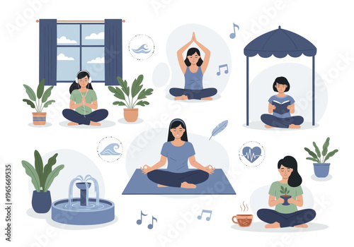 Women practicing yoga meditation relaxation.