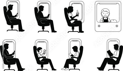 Black and white vector illustration of airplane passengers sitting by windows engaged in travel activities like reading, eating, drinking, relaxing, entertainment