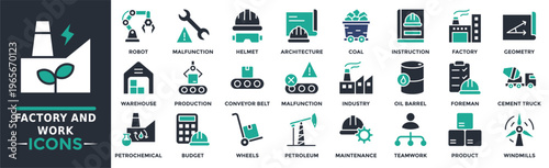 Factory and work icon collection set. Containing robot malfuction, factory, foreman, coal, product and more. Solid vector icons collection