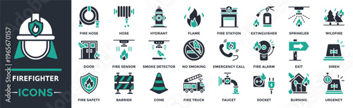 Firefighter icon collection set. Containing fire hose, hydrant, flame, exit, sprinkler, siren, urgency and more. Solid vector icons collection