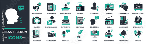 Press freedom icon collection set. Containing camcorder, recorder, podcast, newspaper, censorship, broadcasting, actual and more. Solid vector icons collection