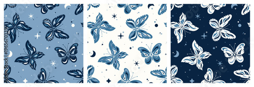 Set of Stylized Butterflies Seamless Patterns in Blue. Vector Handmade Illustration