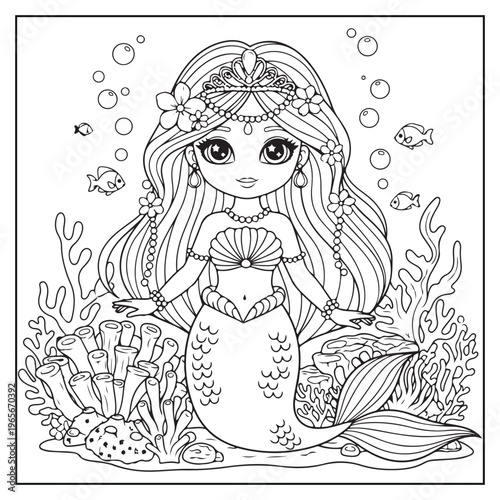 A charming illustration of a little mermaid surrounded by underwater flora and bubbles
