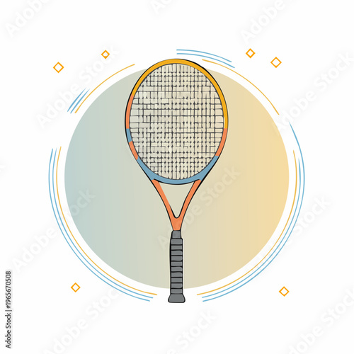 Tennis Racket and Circular Design Elements on White Background