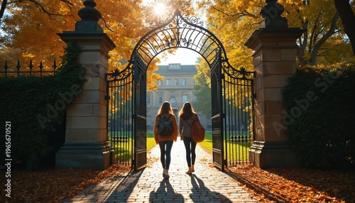 Two young women friends walk through ornate gates toward university building. Autumn leaves cover ground in warm sunlight. Students carry backpacks ready for school.